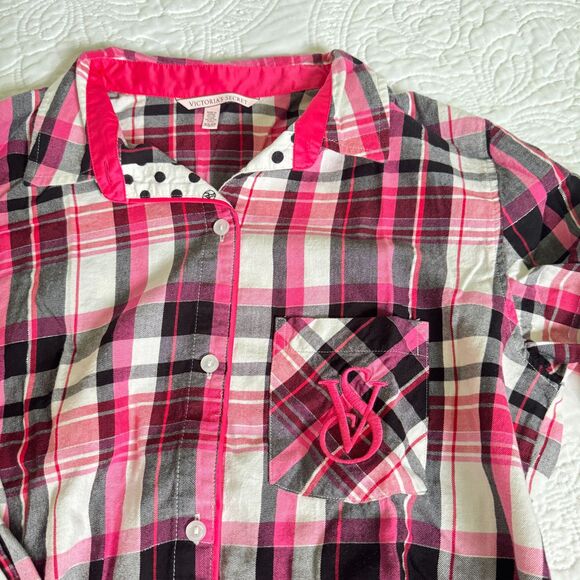 Victoria's Secret Plaid Print VS Logo Embroidered Pajamas Set Pink Black Size XS - Picture 2 of 9
